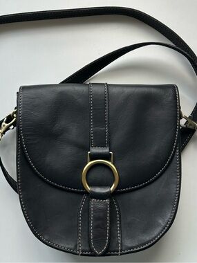 Q & A Black Leather Crossbody Saddle Bag with Brass Ring